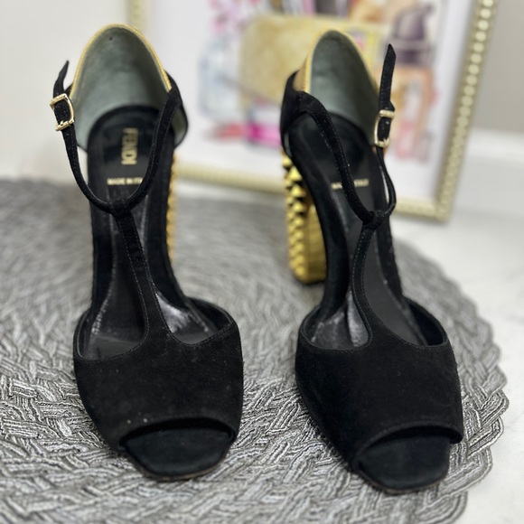 Fendi Black T-Strap Heels with Gold Studded Heel - Picture 6 of 12
